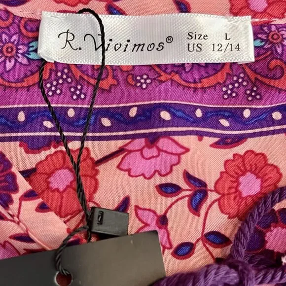 NWT R Vioimas Boho Puff Longsleeve Floral Print Maxi Dress Womens L Pink Purple - Picture 6 of 10